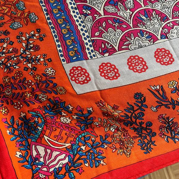 Hermes Paris Scarf Shawl Wrap Red Multicolored Bird Print Cashmere Silk Blend - Picture 9 of 11